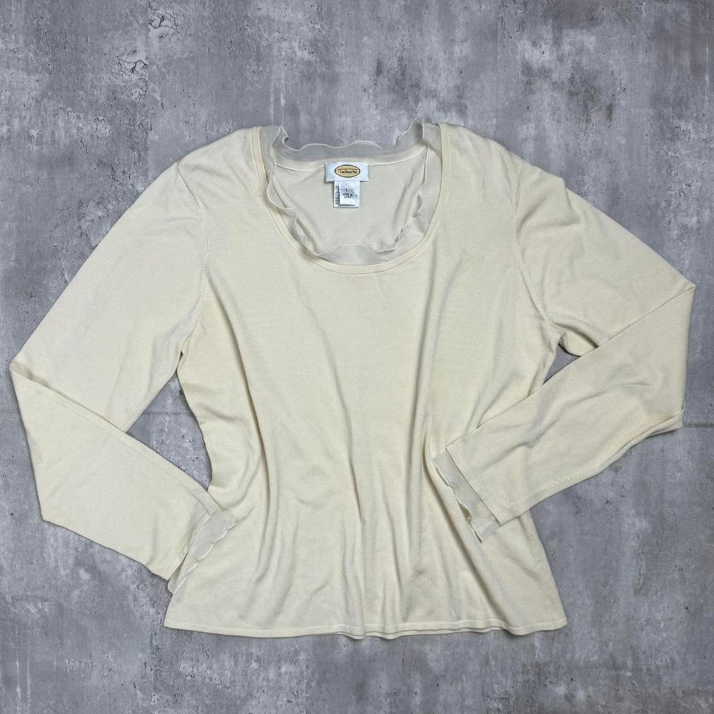 Talbots Silk Blend Ruffle Trim Long Sleeve Top Cream Tan Vintage Women Large
